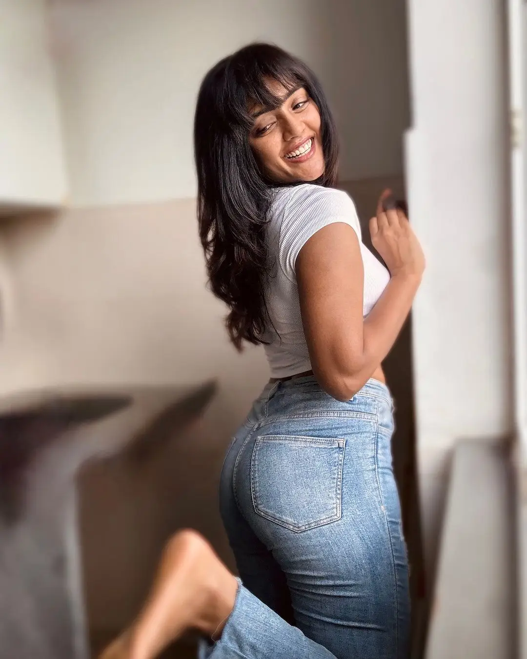 Eesha Rebba Stills in Beautiful White T Shirt Blue Jeans